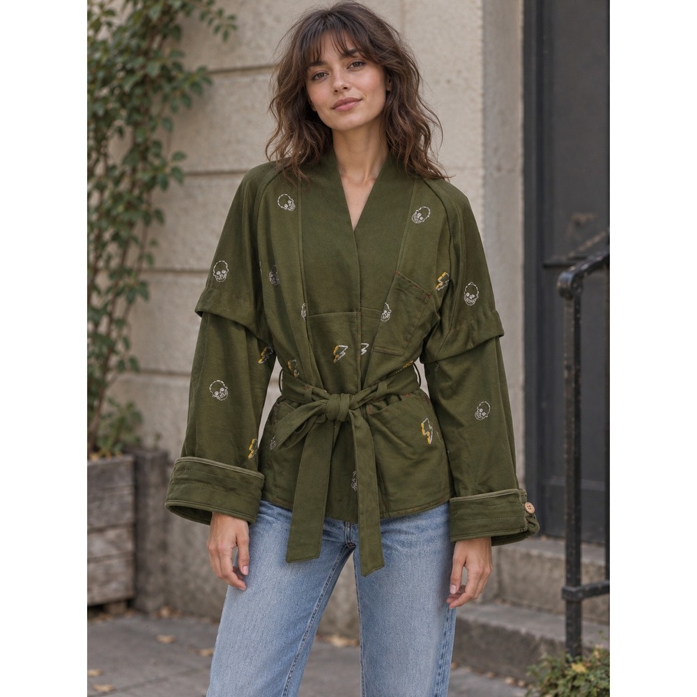 ONE432 Embroidered Skull Lightning Wrap Jacket Women S Olive Green Artisanal
